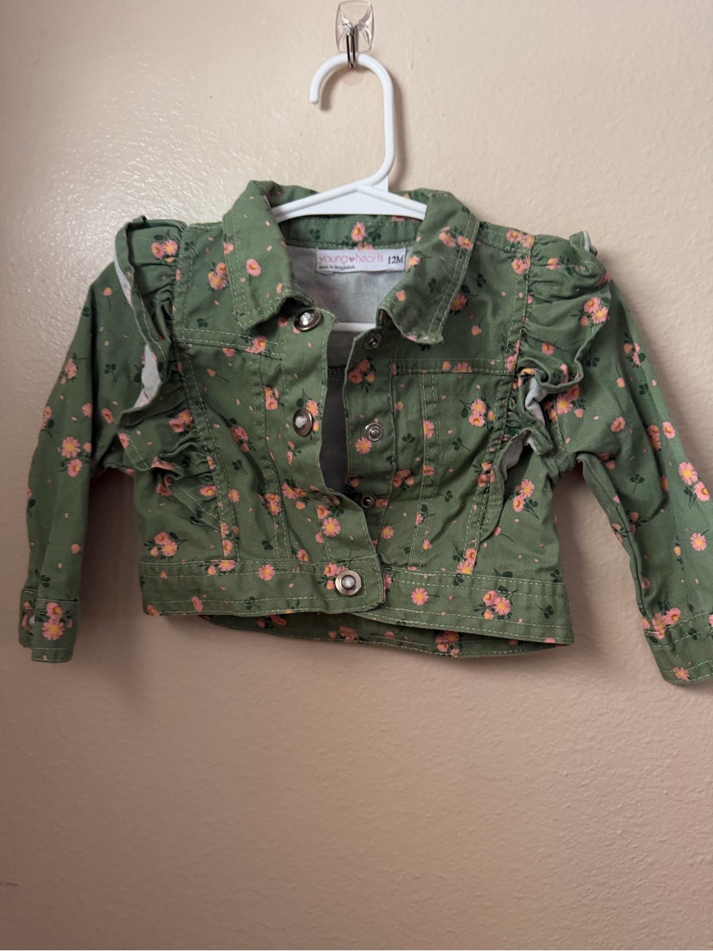 Girls Floral Ruffle Olive Denim Jacket - 12M